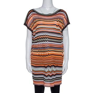 Pre Owned M Missoni Orange & Brown Striped Pointelle Knit Tunic Top M