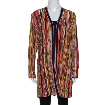 Pre Owned M Missoni Multicolor Striped Rib Knit Open Front Cardigan L