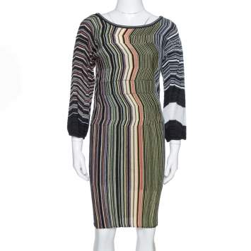 مملوكة مسبقًا M Missoni Black Striped Wool Knit Fitted Dress S