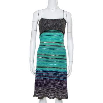 Pre Owned M Missoni Green Textured Merino Wool Knit Noodle Strap Dress M