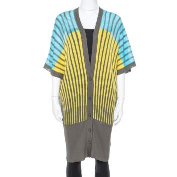 Pre Owned M Missoni Tri Color Striped Perforated Knit Button Front Cardigan M