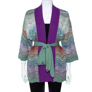 Pre Owned M Missoni Purple Wool Blend Pointelle Knit Belted Cardigan M