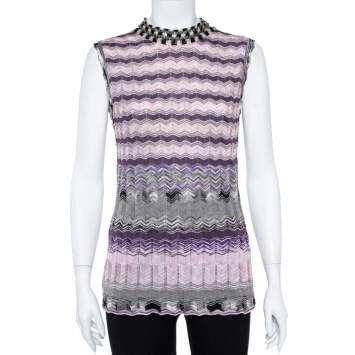 Pre Owned M Missoni Purple Chevron Knit Tie Up Top and Cardigan Set L
