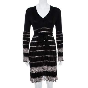 Pre Owned M Missoni Black Patterned Knit Wool Belted Dress M