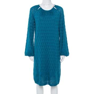 Pre Owned M Missoni Teal Wool Knit Midi Dress L