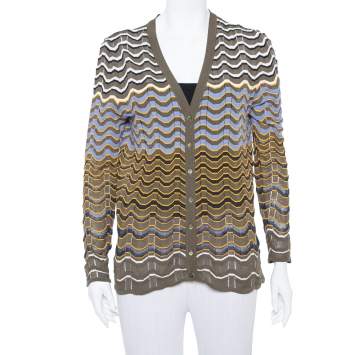 Pre Owned M Missoni Olive Green Contrast Pattern Sheer Knit Button Front Cardigan L