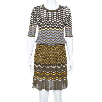 Pre Owned M Missoni Olive Green Contrast Pattern Knit Drop Waist Dress L