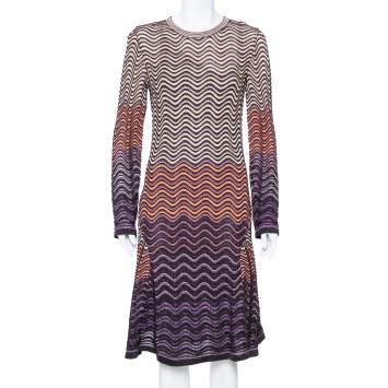 Pre Owned M Missoni Multicolor Lurex Wave Knit Flared Long Sleeve Dress L
