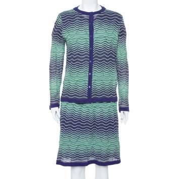 Pre Owned M Missoni Bicolor Wave Knit Drop Waist Dress & Button Front Cardigan Set L