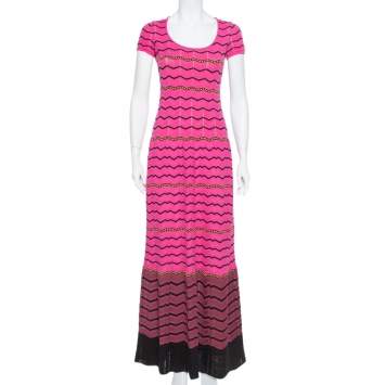 Pre Owned M Missoni Pink Chevron Patterned Perforated Knit Maxi Dress M