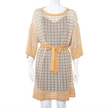 Pre Owned M Missoni Multicolor Patterned Perforated Knit Boat Neck Belted Dress L