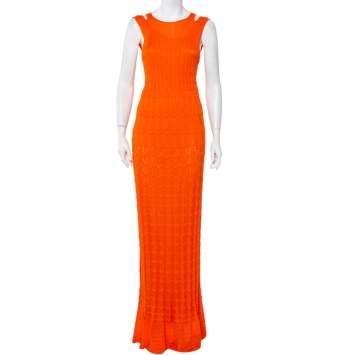 Pre Owned M Missoni Orange Wave Knit Racer Back Maxi Dress M