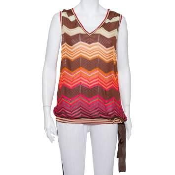 مملوكة مسبقًا M Missoni Brown Chevron Patterned Knit Waist Tie Detail Top L