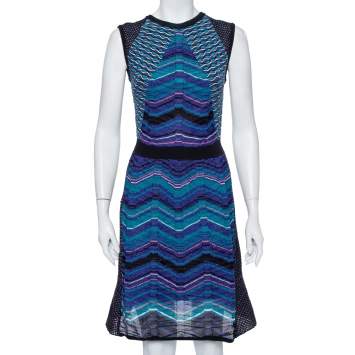 Pre Owned M Missoni Blue Patterned Knit Paneled Short Dress M