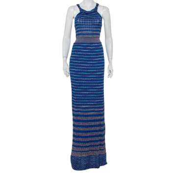 Pre Owned M Missoni Blue Patterned Knit Twist Neck Detail Maxi Dress S