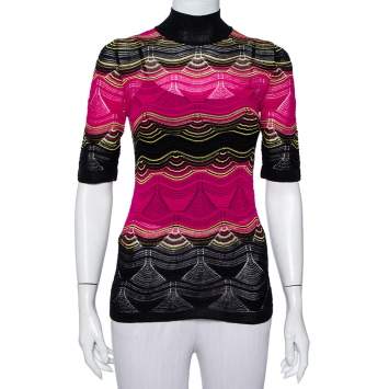 مملوكة مسبقًا M Missoni Pink & Black Wavy Pointelle Knit Mock Neck Top S