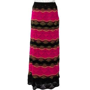 Pre Owned M Missoni Pink & Black Wavy Pointelle Knit Maxi Skirt S