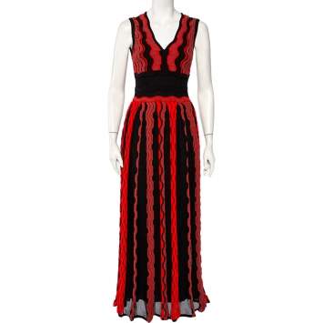 Pre Owned M Missoni Black & Red Knit Pleated Sleeveless Maxi Dress S