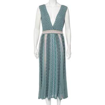 Pre Owned M Missoni Grey Patterned Knit Plunge Neck Midi Dress L