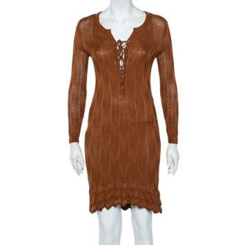 Pre Owned M Missoni Brown Patterned Knit Lace Up Detail Midi Dress M