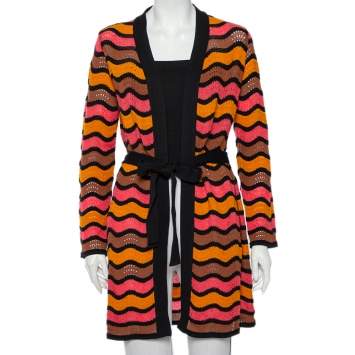 Pre Owned M Missoni Multicolor Patterned Knit Belted Long Cardigan M