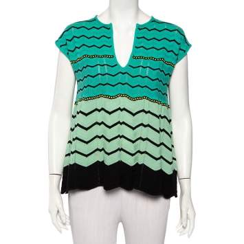 مملوكة مسبقًا M Missoni Green Zig Zag Knit Flared Top M