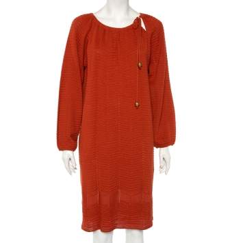 Pre Owned M Missoni Rust Orange Perforated Knit Neck Tie Detail Midi Dress L