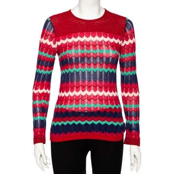 Pre Owned M Missoni Red Knit Lurex Panel Detailed Long Sleeve Top M