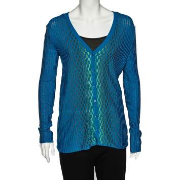 Pre Owned M Missoni Blue Patterned Dobby Knit Button Front Cardigan M