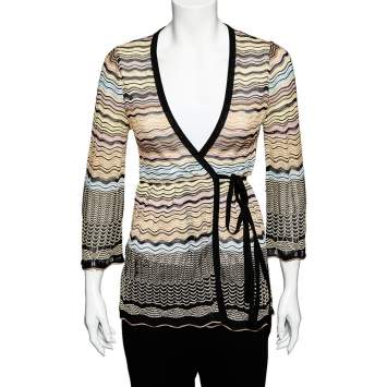 Pre Owned M Missoni Multicolor Wave Pattern Knit Wrap Cardigan M