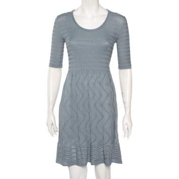 Pre Owned M Missoni Grey Textured Knit Smocked Detail Flared Dress S