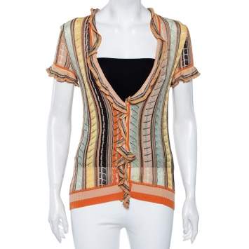 Pre Owned M Missoni Multicolored Crochet Knit Lurex Detail Ruffle Trimmed Button Front Top M