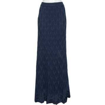 Pre Owned M Missoni Navy Blue Chevron Knit Maxi Skirt L