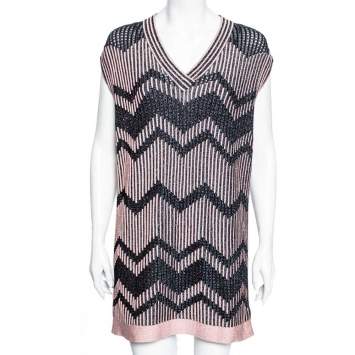 Pre Owned M Missoni Pink & Black Chevron Pattern Lurex Knit Mini Dress S