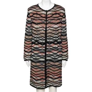 Pre Owned M Missoni Multcolored Patterned Merino Wool & Lurex Knit Long Cardigan M