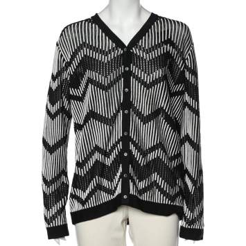 Pre Owned M Missoni Monochrome Patterned Perforated Knit Button Front Cardigan L