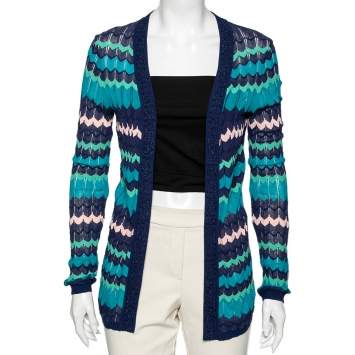 Pre Owned M Missoni Blue Patterned Knit Open Front Cardigan S