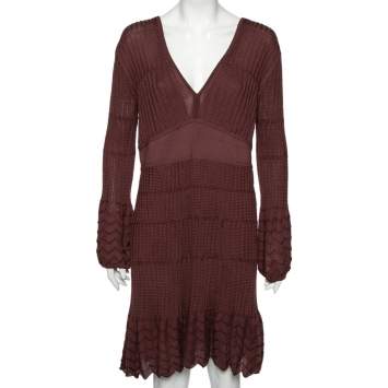Pre Owned M Missoni Burgundy Patterned Knit Long Sleeve V-Neck Dress L