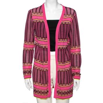 Pre Owned M Missoni Pink Patterned Knit Open Front Cardigan M