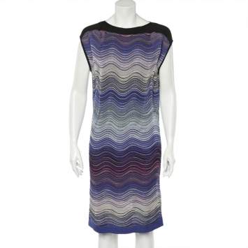 Pre Owned M Missoni Blue Wave Pattern Lurex Knit Shift Dress L