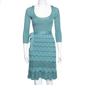 Pre Owned M Missoni Blue Patterned Knit Long Sleeve Belted Dress M 