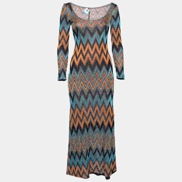 Pre Owned M Missoni Blue & Orange Chevron Patterned Lurex Knit Maxi Dress M