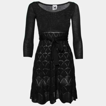 Pre Owned M Missoni Black Textured Knit Long Sleeve Belted Dress S