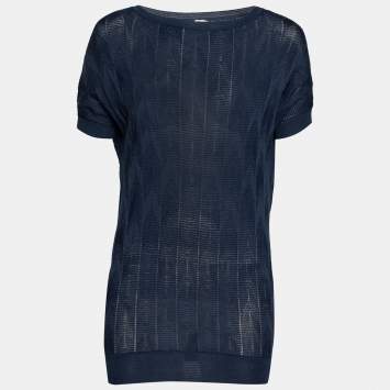 Pre Owned M Missoni Blue Textured Knit Cap Sleeve Crew Neck Top M