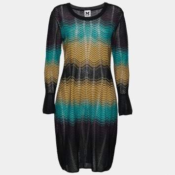 Pre Owned M Missoni Multicolored Wave Textured Knit Long Sleeve Dress L