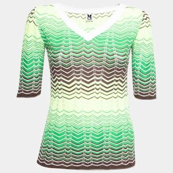 Pre Owned M Missoni Neon Green & Brown Patterned Pointelle Knit V-Neck Top M