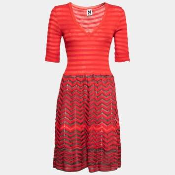 Pre Owned M Missoni Red Patterned Knit V-Neck Dress M