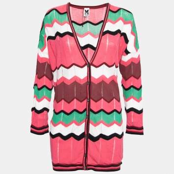 Pre Owned M Missoni Pink Patterned Cotton Knit Button Front Cardigan L