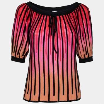 Pre Owned M Missoni Pink Striped Cotton Knit Neck Tie Detail Top S