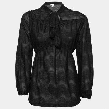 Pre Owned M Missoni Black Patterned Lurex Knit Neck Tie Detail Top S 